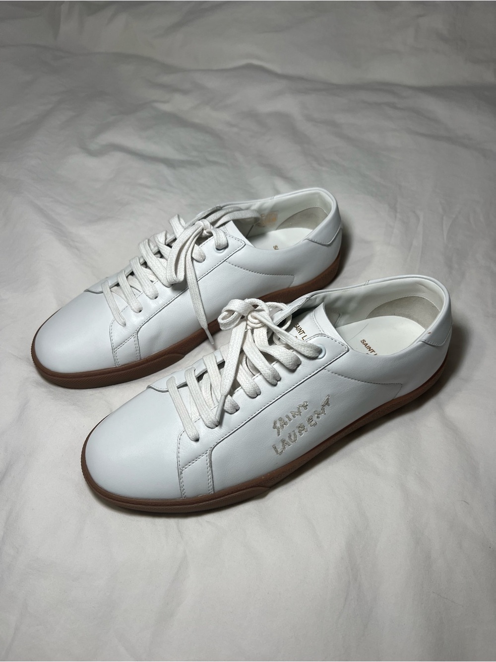Saint Laurent White Leather Sneakers with Brown Sole